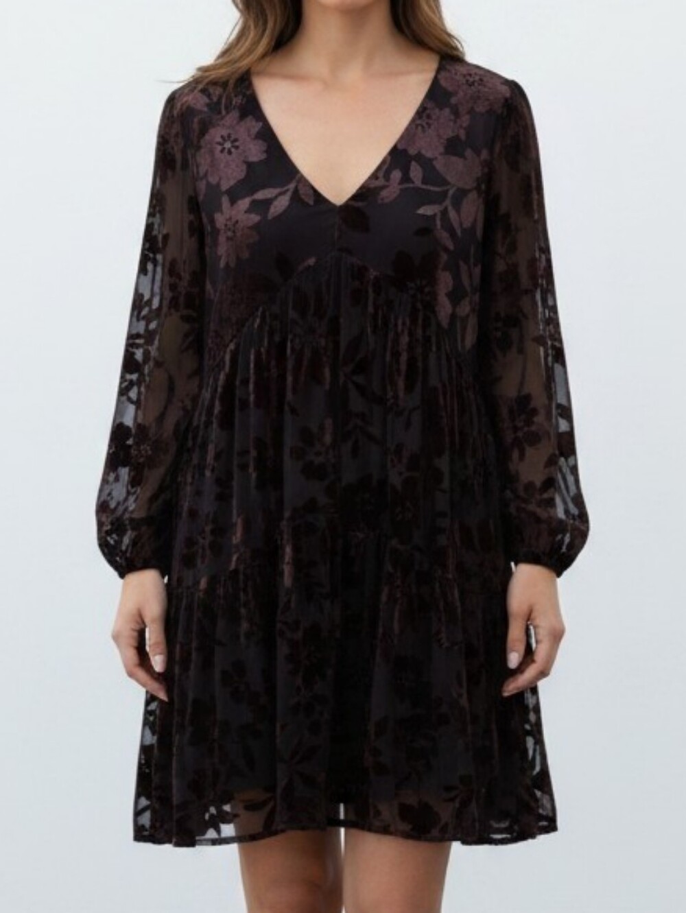Taylor Velvet Floral V-Neck Babydoll Dress in Deep Plum